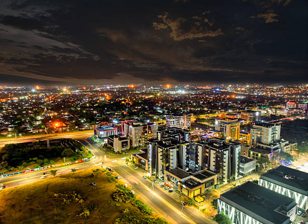 istock aerial view Gaborone at night, central business district CBD at nightfall, illuminated streets and buildings 2240072565