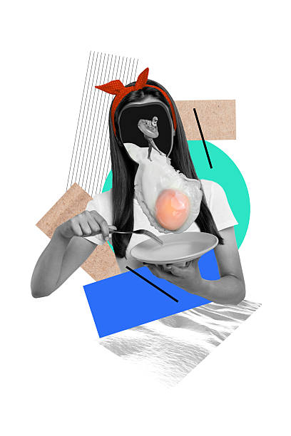 istock Template sketch image composite artwork collage of psychedelic face aged man dance young lady eat egg dieting food nutrition meal calories 2240073320