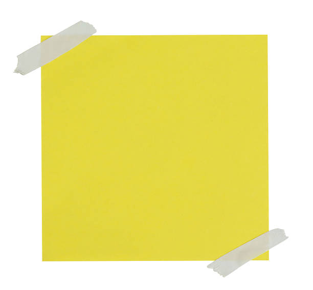 istock Empty yellow note paper mockup. Message memo reminder card template isolated on transparent background. Paper texture. Grunge ripped adhesive washi tape. Business office stationery object 2240078367