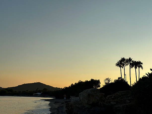A stunning golden sunset over the calm waters of Costa de los Pinos Beach, Mallorca, Balearic Islands, Spain. Warm evening light, peaceful waves, and Mediterranean scenery create a perfect atmosphere of relaxation, travel, and summer vacation. Ideal for concepts of tourism, nature, tranquility, and coastal getaways.