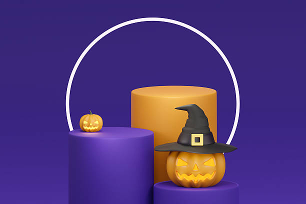 Halloween Pumpkins on Cylindrical Podium stage showcase with glowing faces 3D render purple background and neon lighting pedestal display product step modern design close up spooky decoration