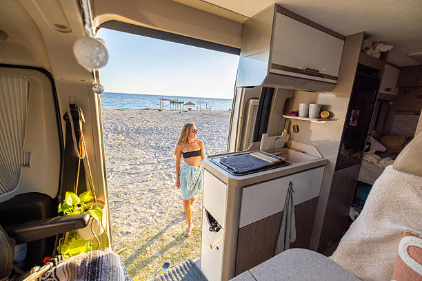istock Woman Walking on Beach Near Camper Van 2240079908