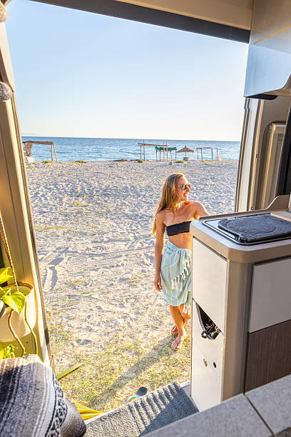 istock Woman Walking on Beach Near Camper Van 2240079948