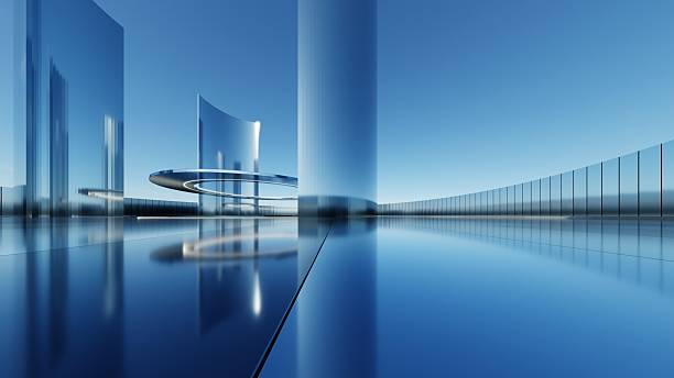 istock 3d illustration of abstract titanium architecture background, Minimal curved geometry architectural, Car presentation backdrop with empty reflected concrete floor, Neon geometric metal building design 2240080815