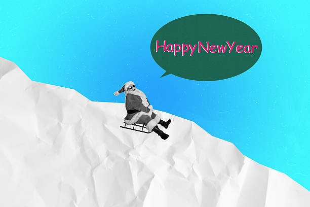 Composite image artwork 3D collage of santa claus aged man slide down sledge speech cloud greeting card new year holiday winter december.