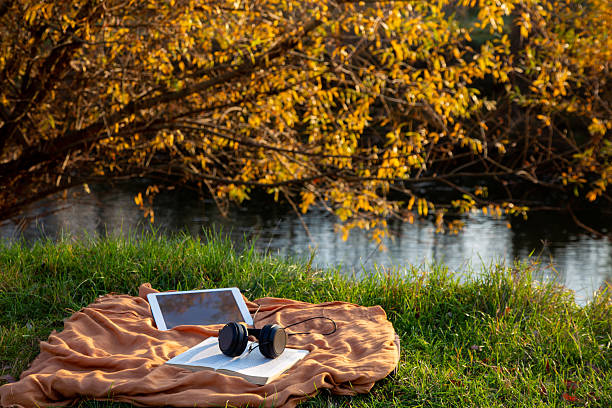 istock Relaxing outdoors with a book, tablet and headphones 2240083161