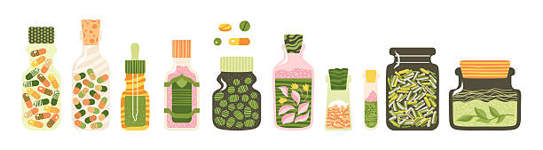 Medicine bottle with pills capsules vitamin supplements and cosmetics cartoon set. Ayurveda medicine tincture tea herbs. Pharmaceutical alternative flat medical ayurvedic remedy vector illustration