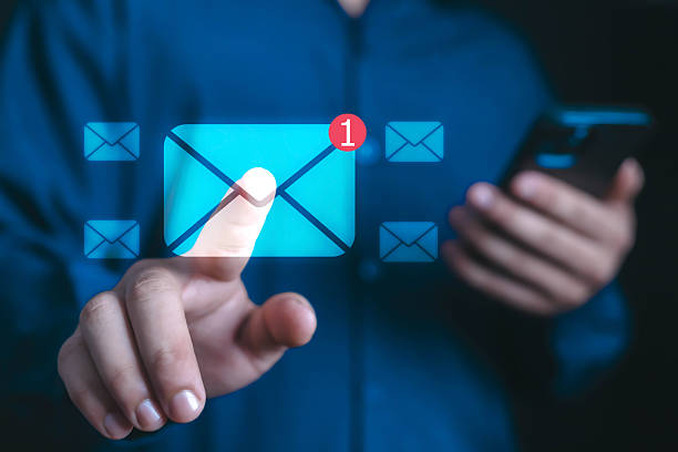 istock Businessman touching virtual email icon with new message notification, concept of digital communication, online marketing, and modern technology for business connection message alert, communication, 2240087476