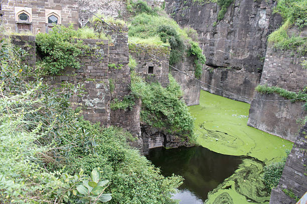 historic stone walls of daulatabad fort with a green algae-covered moat surrounded by dense vegetation, showing medieval defense architecture
