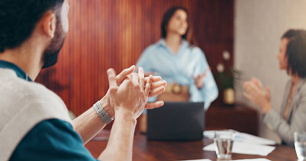 istock Hands, applause and team at office, support or target with motivation with praise at startup. People, group and clapping at workplace for celebration, success and presentation at creative agency 2240096950