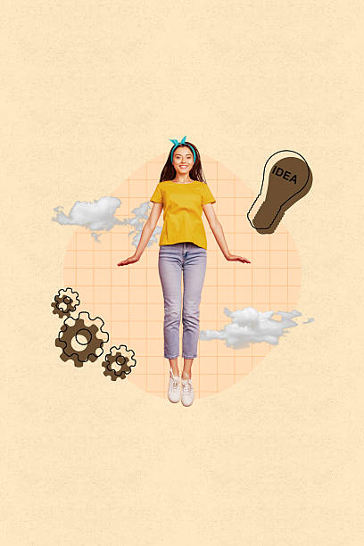 istock Template image collage of person air fly  on pastel background with drawing light bulb cog 2240098803