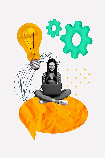 istock Template photo collage of logic jigsaw think solution cogwheel technology business puzzle synergy young woman work laptop sit speech cloud 2240099141