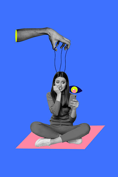 istock 3D collage design artwork sketch of hand hold rope master boss manipulation young lady sit hold phone scared cyber security surveillance 2240099414
