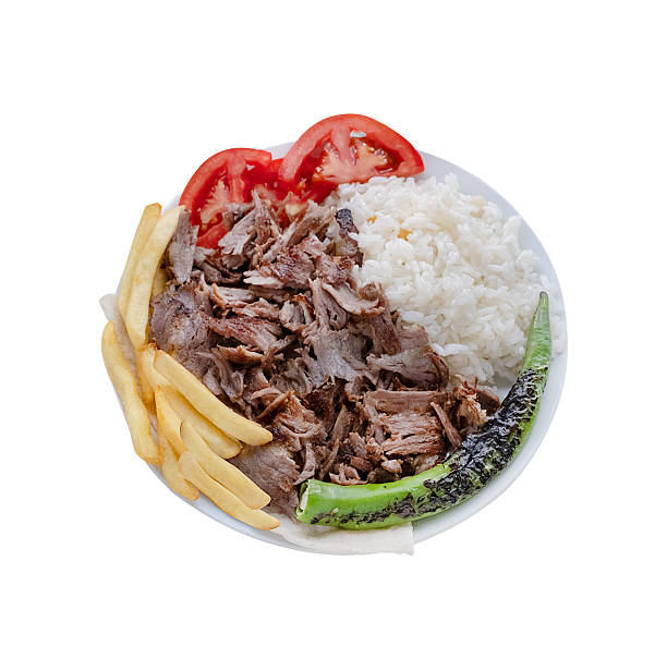 Doner kebab on a plate. White background.