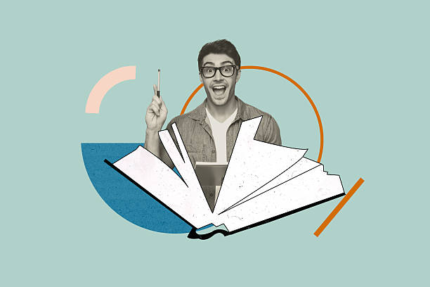 istock Creative composite sketch design artwork collage of young man stand smile idea hand hold pen open book page read student education hobby 2240110073