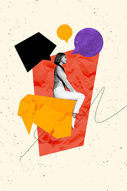 istock Trend artwork collage template composite sketch of dialogue feedback mind thought communication young woman smile sit speech cloud poster 2240110234
