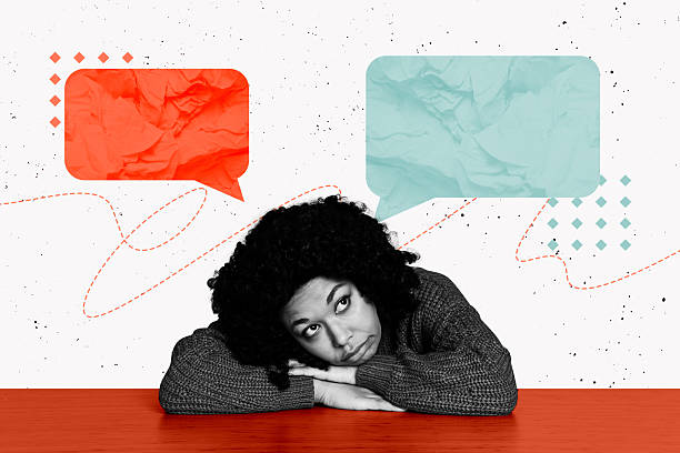 istock Image trendy poster image collage of minded girl think bubble speech icon notification messenger app dialogue talk phrase 2240110357