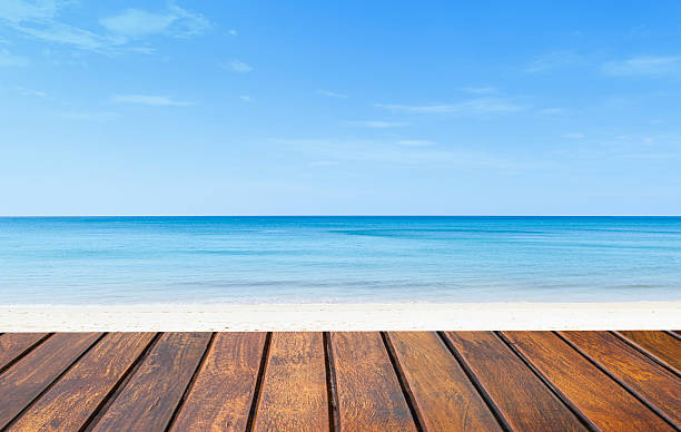 istock Wooden floor over tropical beach background 2240110724