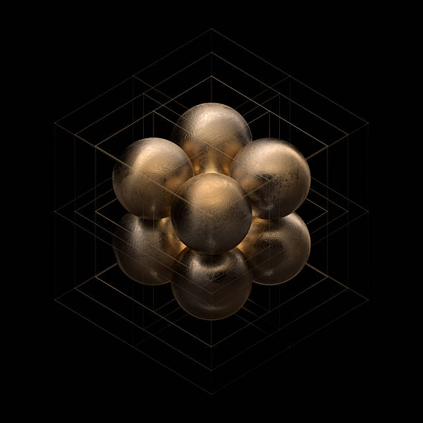 Abstract 3d shape formation of spheres in a cube on black background