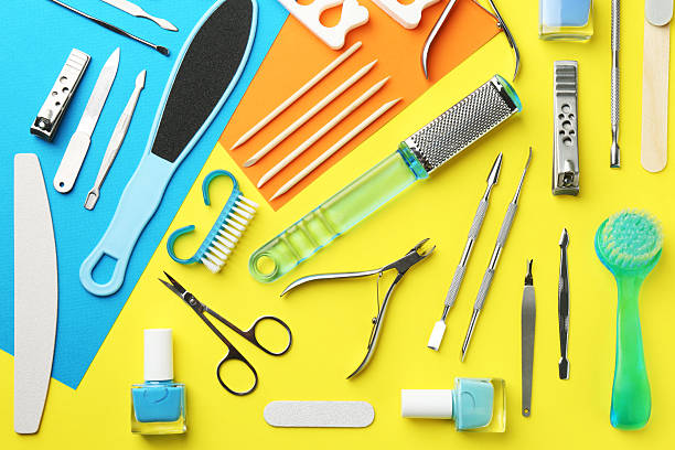 istock Set of pedicure tools on color background, flat lay 2240116026