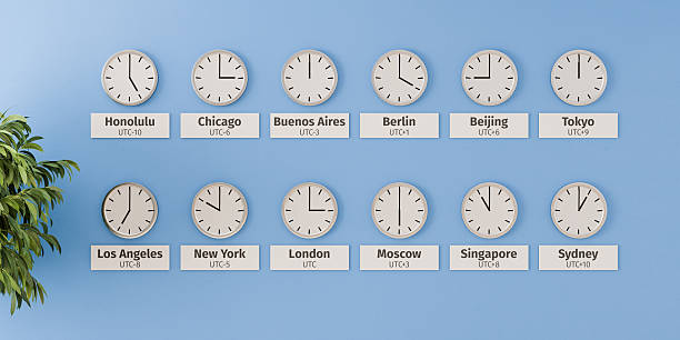 istock Different clocks with different timezones and cities on a wall. Editorial office of a newspaper concept. Worldwide cooperation and teamwork concept. 2240120711