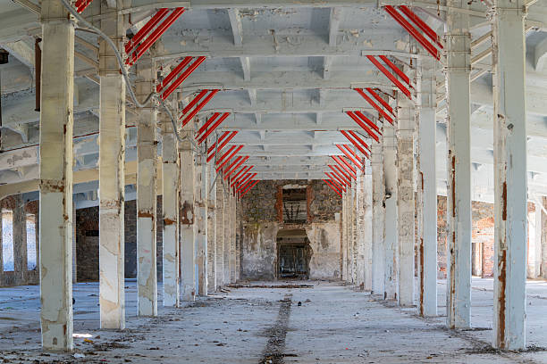Interior of abandoned fish factory building. Old abandoned fish factory interior.