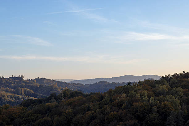 Hills covered with autumn forest. The panorama. Copy space