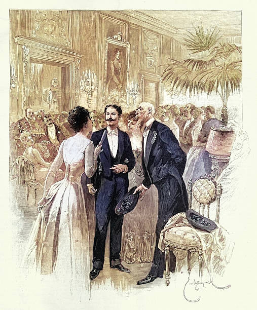 Two gentlemen talking to a lady at an evening ball. Victorian, Vintage illustration, 19th Century, Scene from Faut-Il Aimer? Leon De Tinseau