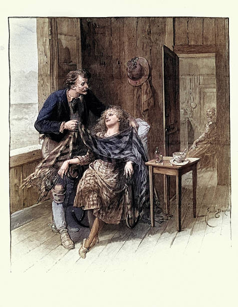 Father putting blanket around his daughter who has a cold, medicine and hot soup, Victorian, Vintage illustration, 19th Century, Scene from Faut-Il Aimer? Leon De Tinseau