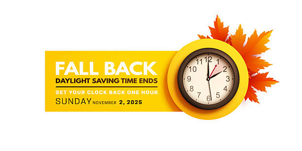 Fall back. Daylight saving time ends banner with realistic clock vector art illustration
