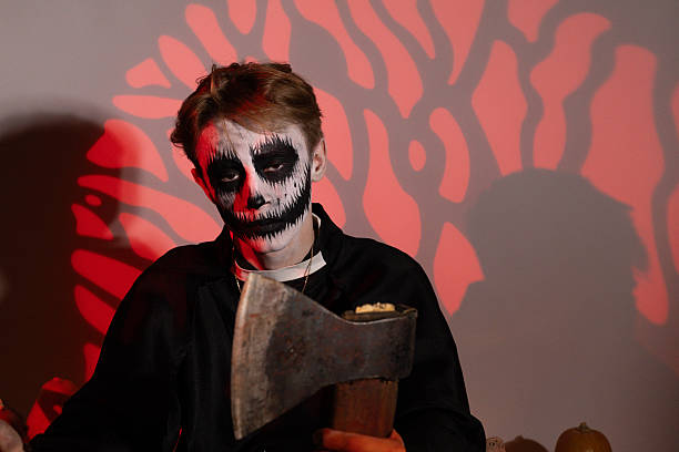 The model is holding an axe and posing for the camera For Halloween party