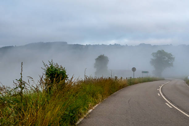 Fog settles over winding rural road and green hills of the Camino Primitivo in northern Spain, evoking a tranquil, mysterious morning on this historic pilgrimage route