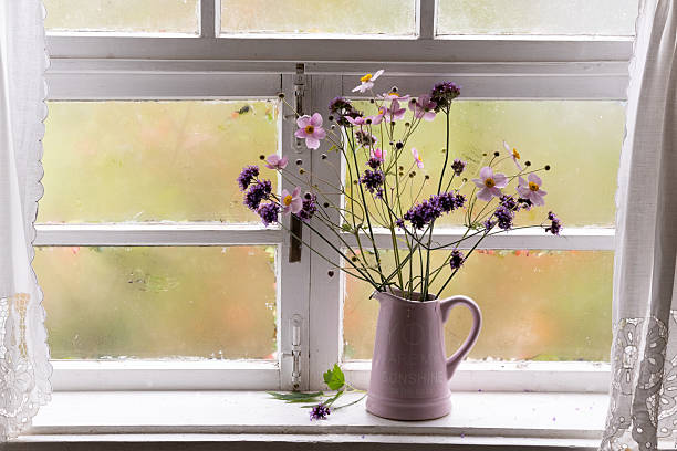 Warm sunlight illuminates a glass vase containing dried hydrangea flowers, creating a cozy autumnal scene on a windowsill