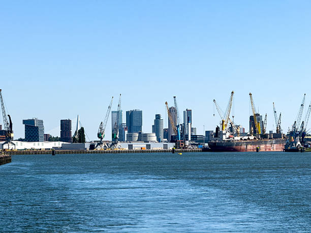 Port of Rotterdam, Netherlands. Cargo ships and cranes loading, Logistics industrial business