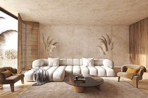 istock Soft neutral boho living room with pampas grass 2240149225