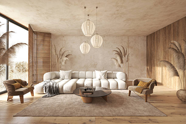 istock Boho style neutral living room with pampas decor 2240149342