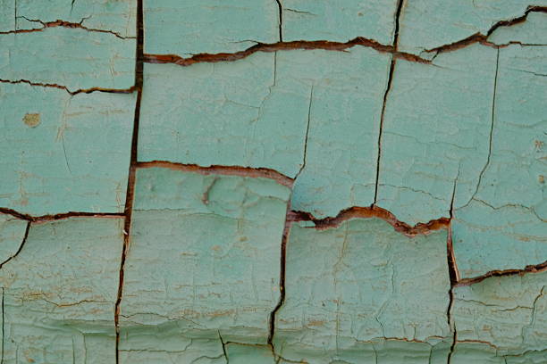 Weathered blue paint surface displays intricate cracks and peeling layers, highlighting textures and colors, capturing the essence of natural aging and decay