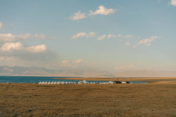 Traditional Yuruk Tents Known as a Yurt Built on a Lake. Taken via drone.