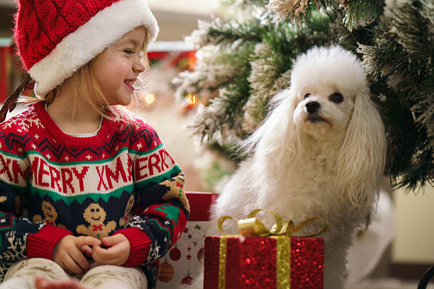 Happy child and dog posing by the Christmas tree with gifts