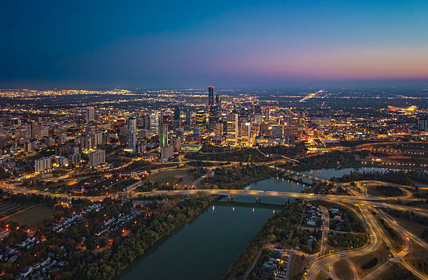 istock Aerial night view of Edmonton skyline with highway interchange, Alberta 2240155632