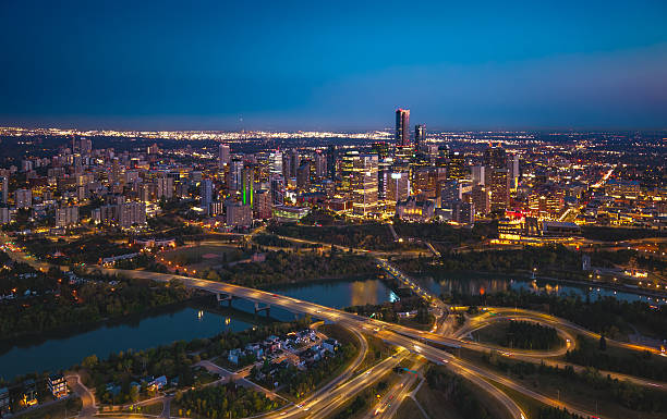 istock Aerial night view of Edmonton skyline with highway interchange, Alberta 2240155649