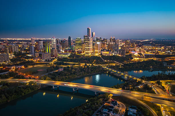 istock Aerial night view of Edmonton skyline with highway interchange, Alberta 2240155680