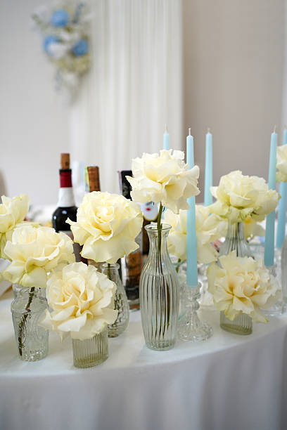 Delicate bouquet on a pink background of banquet table. copy space. Place for the inscription. Holiday Greeting Card