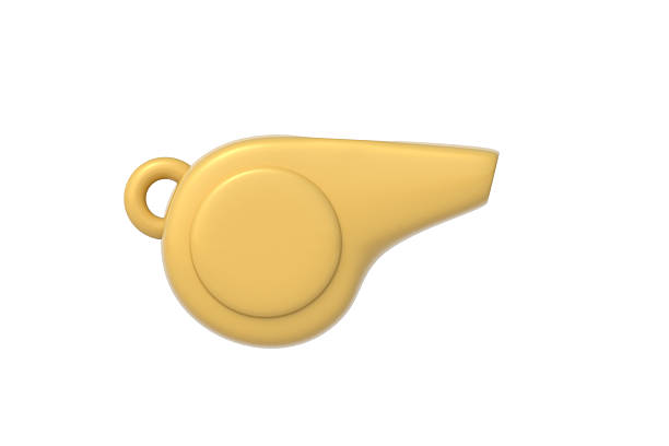 White whistle floating in mid air on a white background in monochrome and minimalism. Illustration of the concept of whistleblowers and sport referees