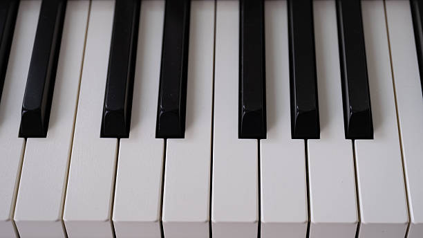 istock Black and white piano keys on a digital keyboard. The clean composition highlights the contrast and rhythm of the instrument, perfect for use in music education, online piano lessons 2240167056