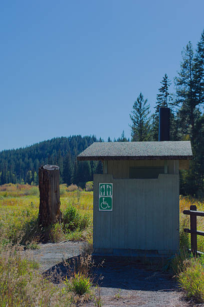 istock Rustic Park Restroom Shelter in Open Field Under Clear Blue Sky and Forest Background. Ant Flat Historic Site and nature trail, near Fortine, Montana. 2240173039