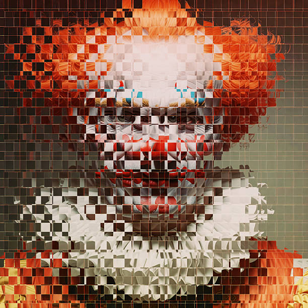 Virtual identity in the metaverse: one avatar is being digitally formed of a clown. A CGI 3D  head is seen through modelled faceted glass material.