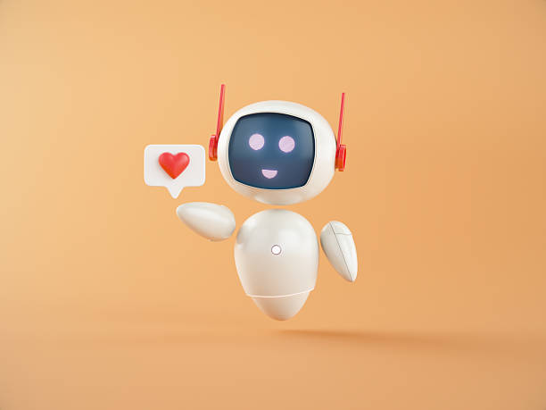 Social Media Like Button in hand of Artificial Intelligence chatbot assistant on Orange background.