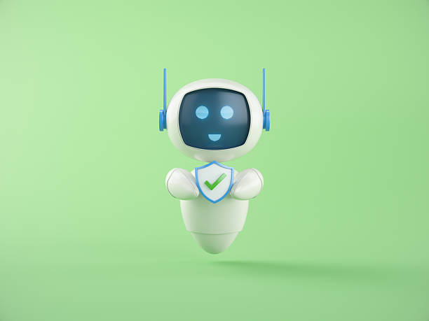 Shield With Check Mark Symbol in hand of Artificial Intelligence chatbot assistant on Green background. Digital security concept.