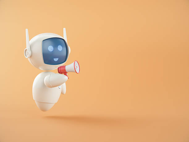 Megaphone in hand of Artificial intelligence chatbot assistant on orange background